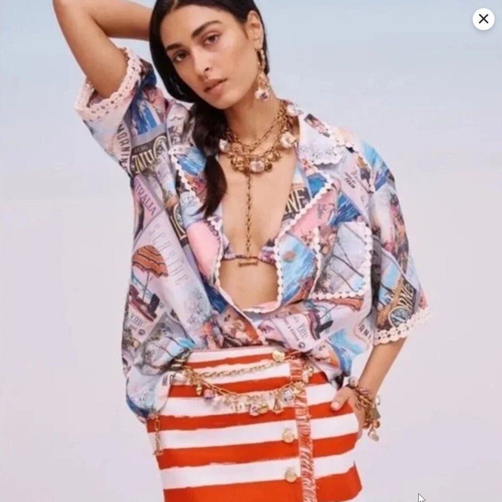 Zimmermann Postcard Printed Ramie Oversized Belted Shirt Raffia Ramie  0 US 4
